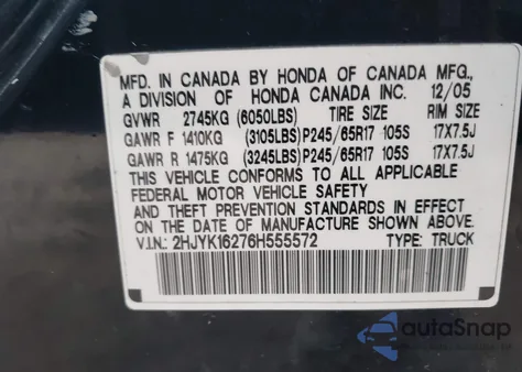 2006 Honda Ridgeline Rt z USA, uszkodzony, nr VIN 2HJYK16276H555572